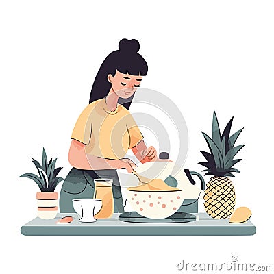 Healthy eating women cooking pineapple meal Vector Illustration