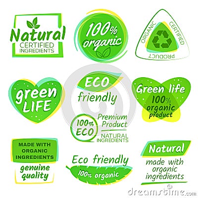 Healthy eco vegetarian food organic vector logos and products stickers Vector Illustration