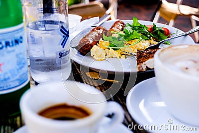 Healthy English Breakfast Scrambled Eggs With Pork Sausages Editorial Stock Photo