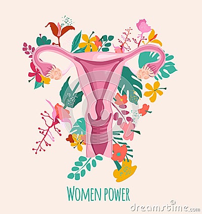 Healthy female reproductive system with floral background.Uterus and cervix anatomy.Ovary with medinilla blossoms. Vector Illustration