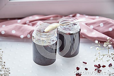 Healthy fermented honey product with cranberry. Natural yeasts, food preservative at home, cozy, rustic flat lay. Delicious recipe Stock Photo