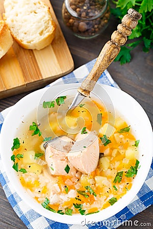 Healthy fish soup made of salmon Stock Photo