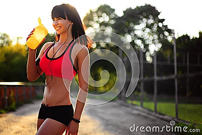 Healthy fitness girl with protein shake. Stock Photo