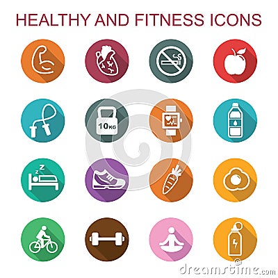 Healthy and fitness long shadow icons Vector Illustration
