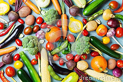 Healthy food background. Autumn vegetables and crop top view. Stock Photo