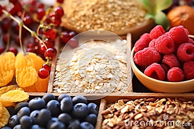 Healthy food background, berries and cereals, superfood close-up photography. Generative AI Stock Photo