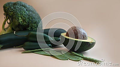 Top view portrait of assortment of fresh raw green vegetables on light background Stock Photo