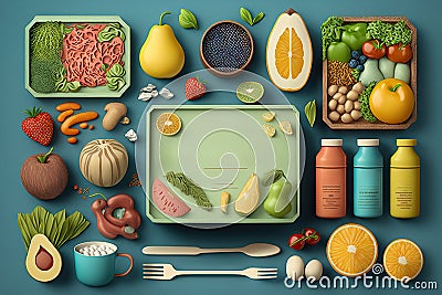 Healthy food background with fresh fruits and vegetables Stock Photo