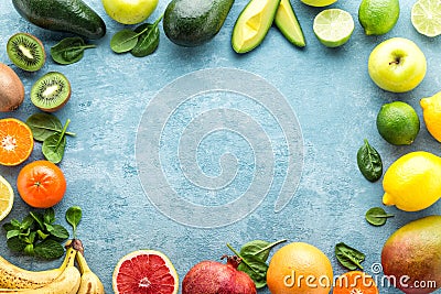 healthy food background: Top view of different selected juicy organic tropical fruits Stock Photo