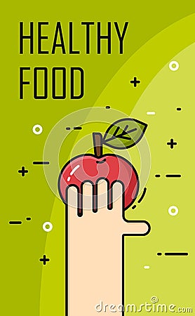 Healthy food banner. Hand holding an apple. Thin line flat design. Vector Vector Illustration