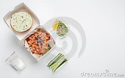 Healthy food business, delivery at home or office, modern takeaway meal, covid-19 outbreak Stock Photo