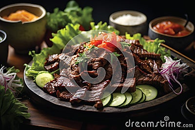 Healthy food, clean eating. Salad beef steaks, lettuce, arugula.GenerativeAI. Stock Photo