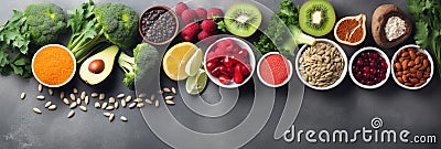 Healthy food clean eating selection: fruit, vegetable, seeds, superfood, cereal, leaf vegetable on gray concrete background Stock Photo
