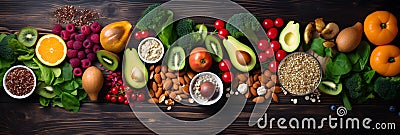 Healthy food clean eating selection: fruit, vegetable, seeds, superfood, cereal, leaf vegetable on gray concrete background Stock Photo