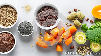 Healthy food clean eating selection: fruit, vegetable, seeds, superfood, cereal, leaf vegetable on gray concrete background, AI Stock Photo