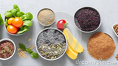 Healthy food clean eating selection: fruit, vegetable, seeds, superfood, cereal, leaf vegetable on gray concrete background, AI Stock Photo