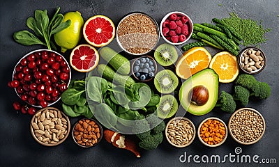 Healthy food clean eating selection: fruit, vegetable, seeds, superfood, cereal, leaf vegetable on gray concrete background. Stock Photo