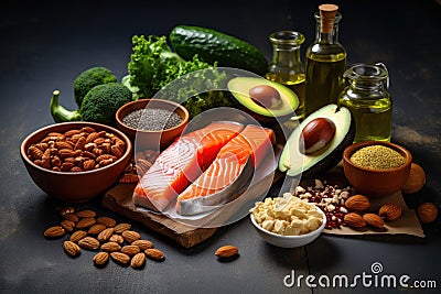 Healthy food clean eating selection salmon, avocado, beans, vegetable, seeds, nuts on dark background, Selection of healthy food Stock Photo