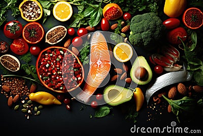 Healthy food clean eating selection: salmon, tomatoes, avocado, spinach, seeds, seeds, nuts on black background, Healthy food Stock Photo