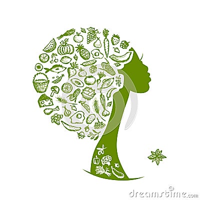 Healthy food concept, female head with vegetables Vector Illustration