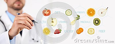 Healthy food concept, Hand of nutritionist doctor pointing fruit Stock Photo