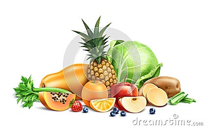 Vector healthy food, organic fruit and berries Vector Illustration