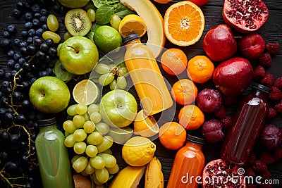 Healthy food concept. Various mixed fruits, vegetables and juices formed in rainbow Stock Photo