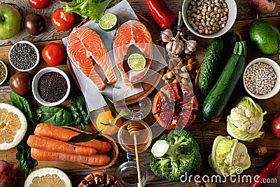 Healthy food cooking healthy diet top view cereals seeds fish vegetables fruits Stock Photo