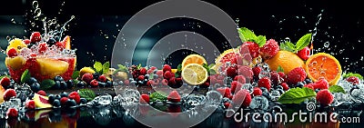 Fresh multi fruits splashing clean water. Stock Photo