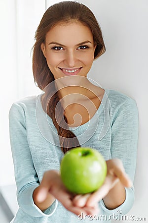 Healthy Food, Eating, Lifestyle, Diet Concept. Woman With Apple. Stock Photo