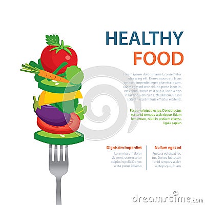 Healthy food on the fork diet concept fruits and vegetables Vector Illustration