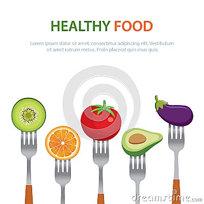 Healthy food on the forks diet concept fruits and vegetables Vector Illustration