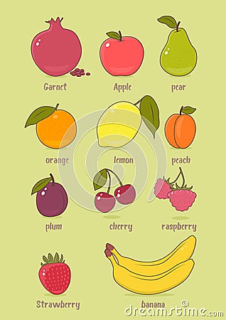 Healthy food fruits and berries icons set. Education cards for kids flat design vector illustration Vector Illustration