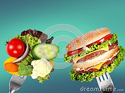 Healthy food and harmful fast food Stock Photo