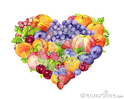 Healthy food - heart of fruits, berries. Watercolor drawing Stock Photo