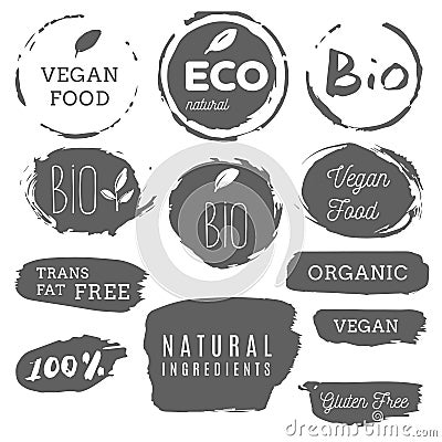 Healthy food icons, labels. Organic tags. Natural product elements. Logo for vegetarian restaurant menu. Raster illustration. Low Vector Illustration