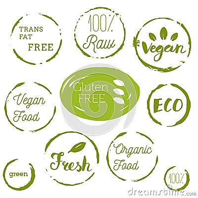 Healthy food icons, labels. Organic tags. Natural product elements. Logo for vegetarian restaurant menu. Raster illustration. Low Vector Illustration