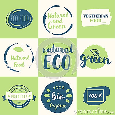 Healthy food icons, labels. Organic tags. Natural product elements. Logo for vegetarian restaurant menu. Raster illustration. Low Cartoon Illustration