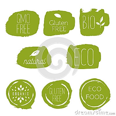 Healthy food icons, labels. Organic tags. Natural product elements. Logo for vegetarian restaurant menu. Raster illustration. Low Vector Illustration