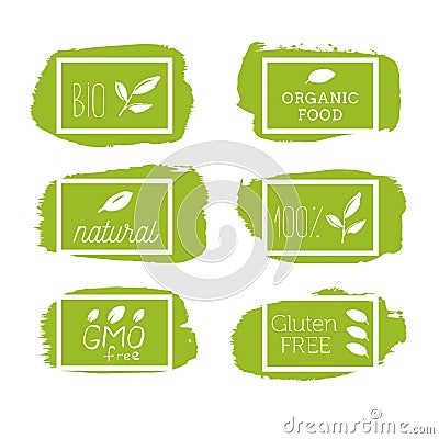 Healthy food icons, labels. Organic tags. Natural product elements. Logo for vegetarian restaurant menu. Raster illustration. Low Vector Illustration