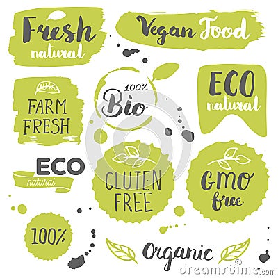 Healthy food icons, labels. Organic tags. Natural product elements. Logo for vegetarian restaurant menu. Raster illustration. Low Vector Illustration