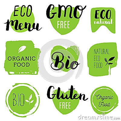 Healthy food icons, labels. Organic tags. Natural product elements. Logo for vegetarian restaurant menu. Raster illustration. Cartoon Illustration