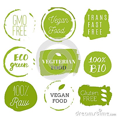 Healthy food icons, labels. Organic tags. Natural product elements. Logo for vegetarian restaurant menu. Raster illustration. Low Cartoon Illustration