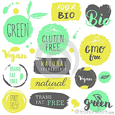 Healthy food icons, labels. Organic tags. Natural product elements. Logo for vegetarian restaurant menu. Raster illustration. Low Cartoon Illustration