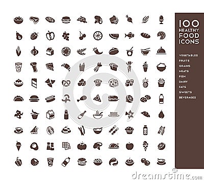 100 healthy food icons Vector Illustration