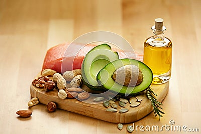 Healthy Food. Ingredients Full of Healthy Fat On Table. Stock Photo