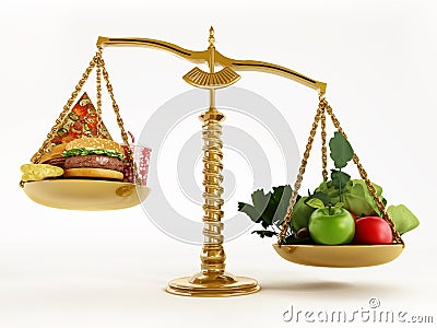 Healthy food and junk food in scales of a balanced scale. 3D illustration Cartoon Illustration