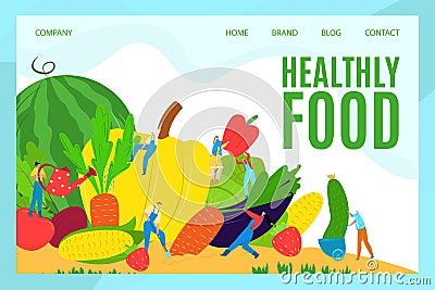 Healthy food landing page concept, vector illustration. Cartoon vegetarian lifestyle with vegetable diet website. Woman Vector Illustration