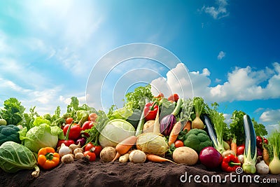 Healthy food landscape against blue sky. Mixed vegetables, organic food concept, food art. banner, Generative Ai Stock Photo