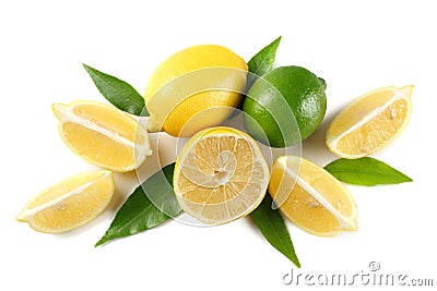 Healthy food. lemon and lime with green leaf isolated on white background top view Stock Photo